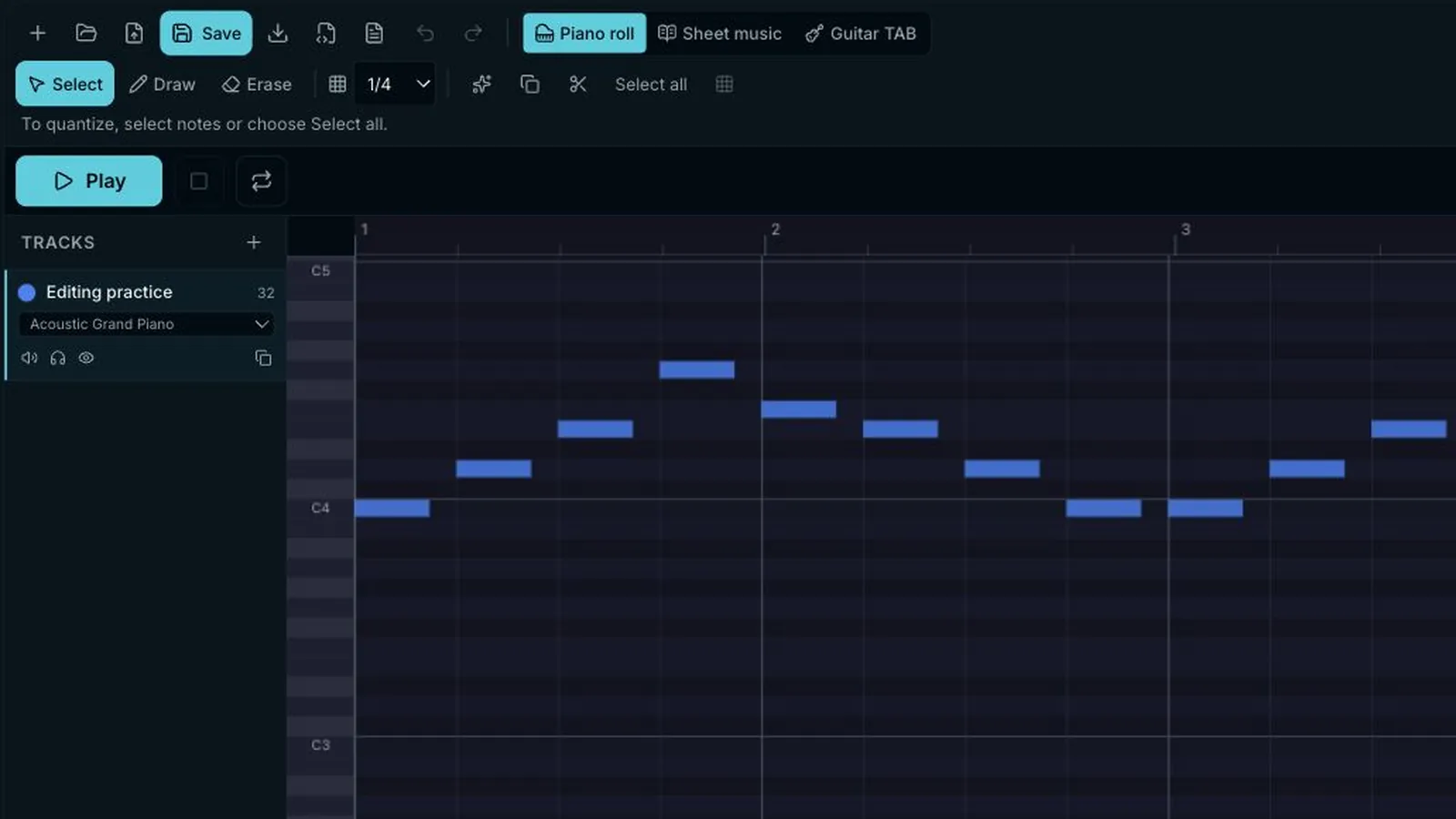 PureMIDI piano roll editor with a single practice track