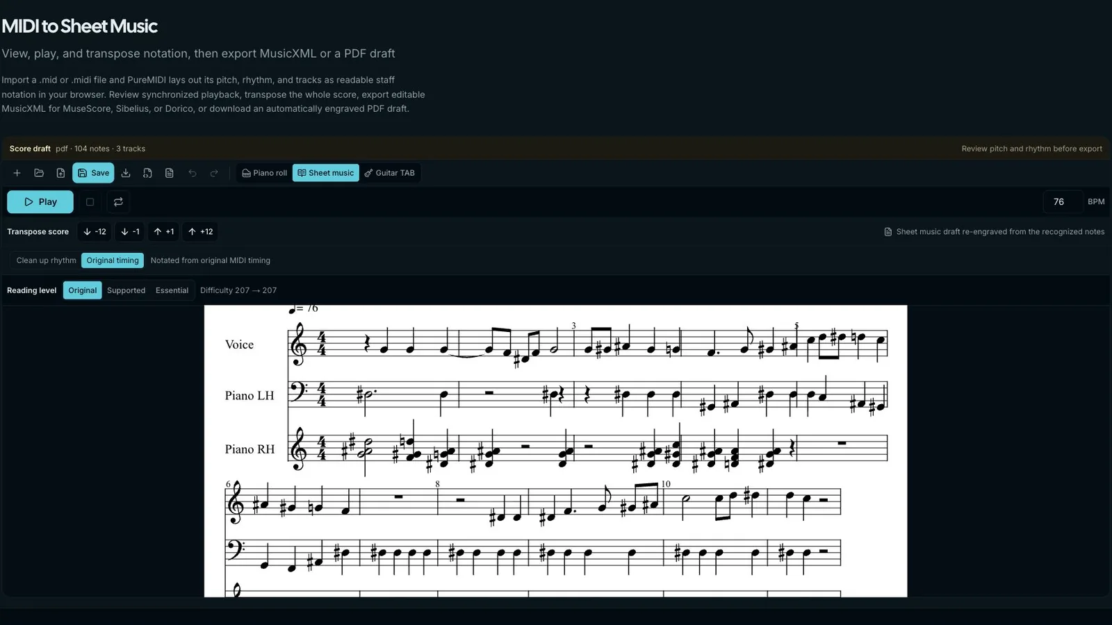 PureMIDI sheet music view showing a recognized three-staff score