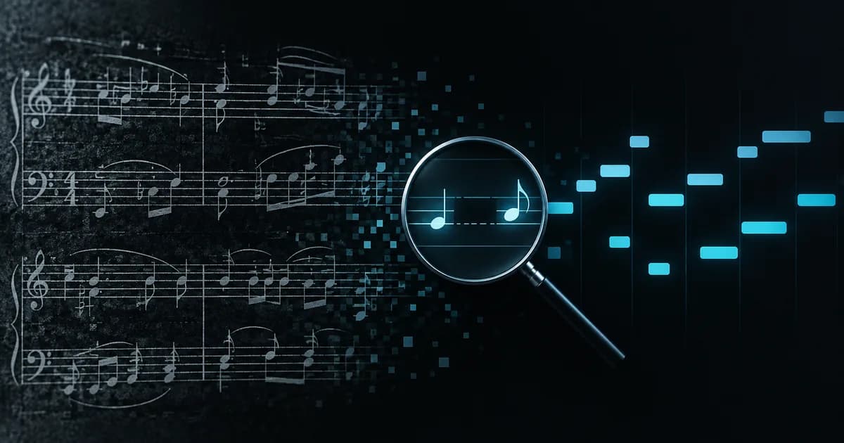 돋보기 아래 악보가 청록색 MIDI 음표 블록으로 바뀌는 그림
