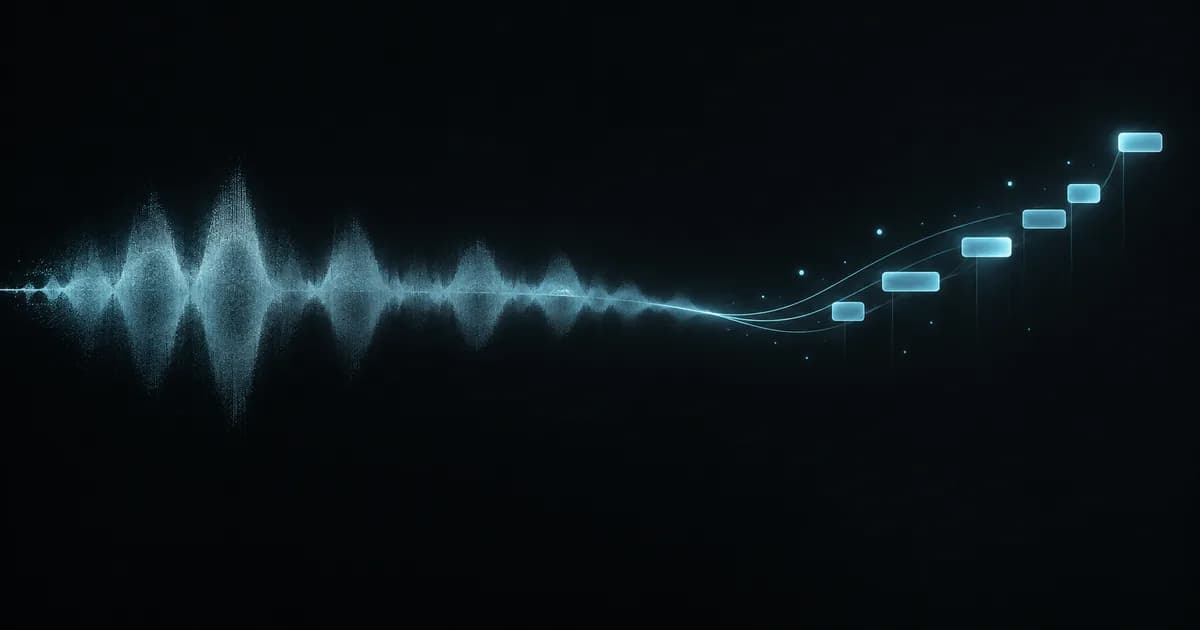 부드러운 목소리 파형이 위로 이어지는 청록색 MIDI 음표로 바뀌는 그림