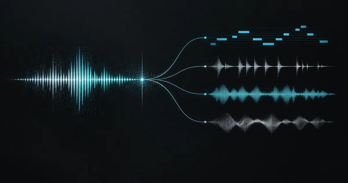 A cyan audio waveform branching into separate stems and MIDI notes