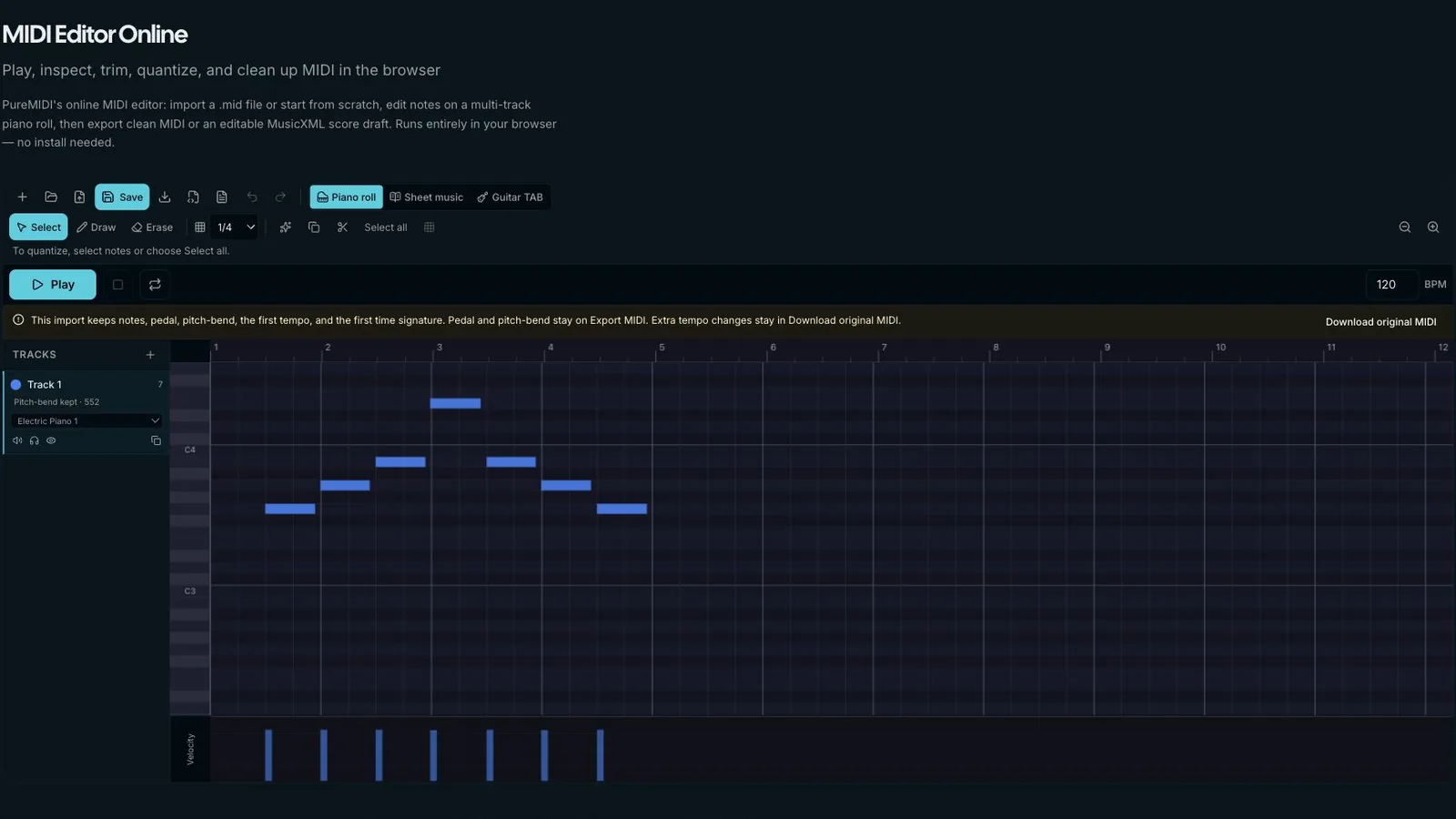Seven guitar MIDI notes opened in the PureMIDI editor for pitch and timing review